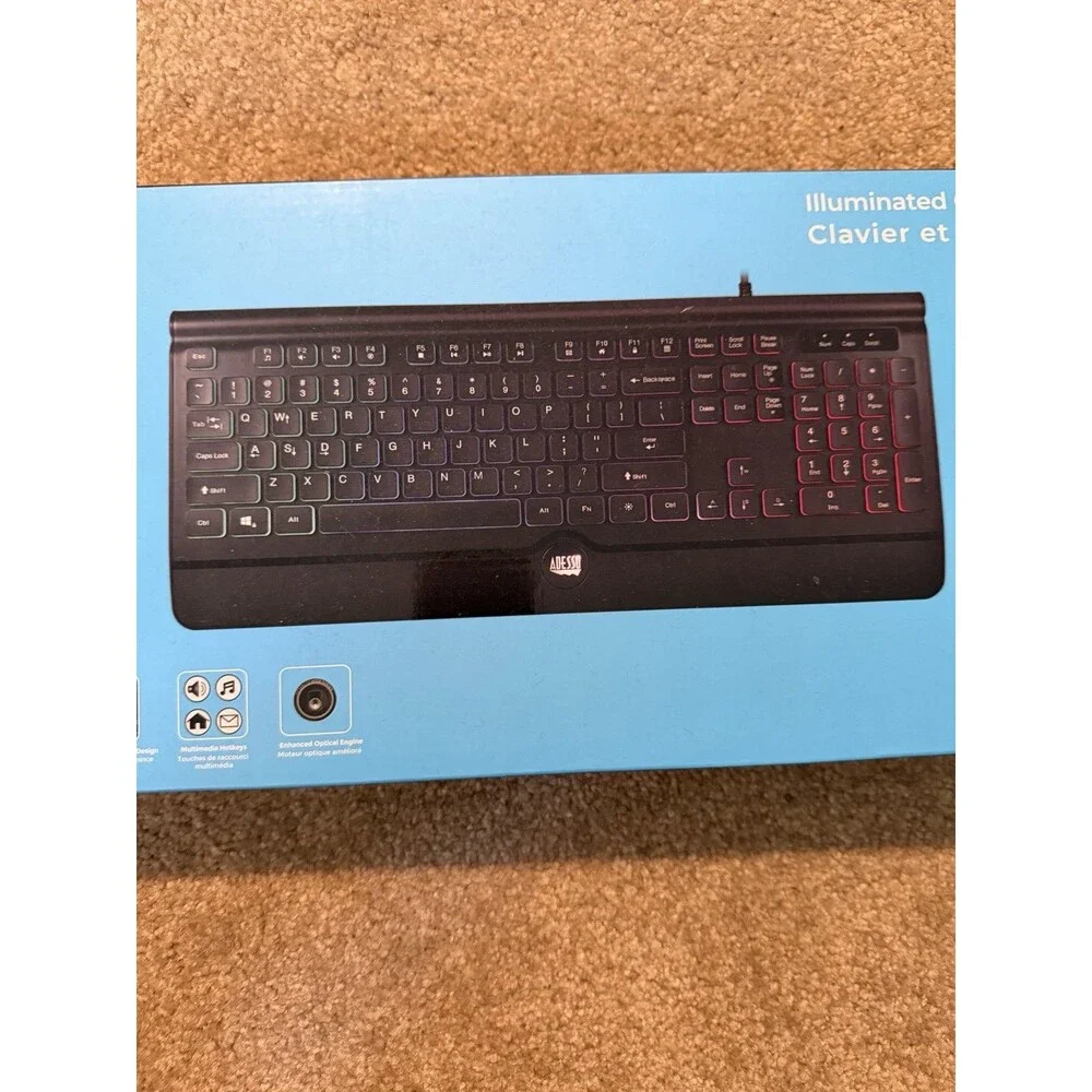 Adesso Multi-Color Illuminated Slim Low Profile Gaming Keyboard & Mouse NIB